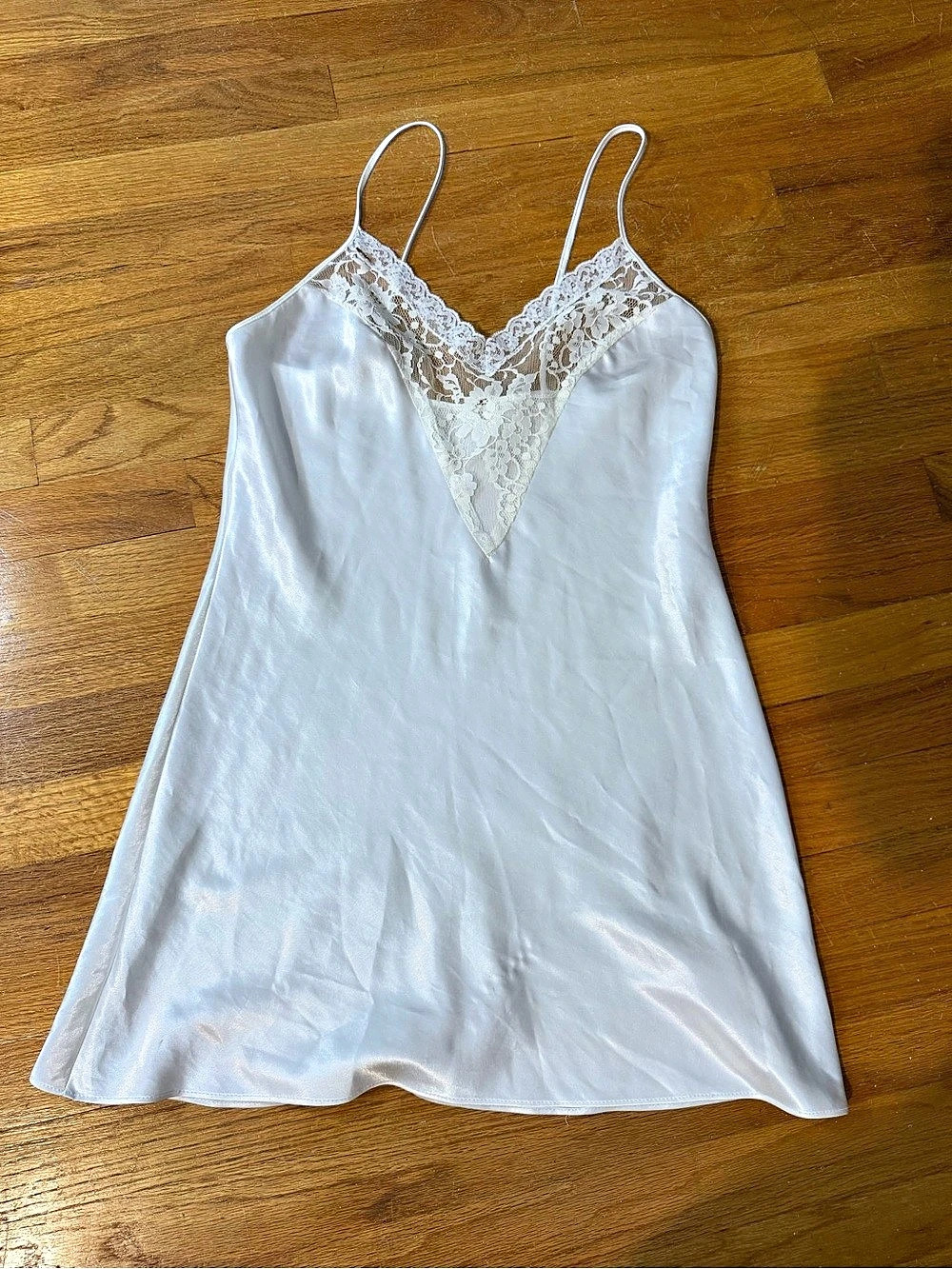 Lace Trim Satin Chemise in White Like New